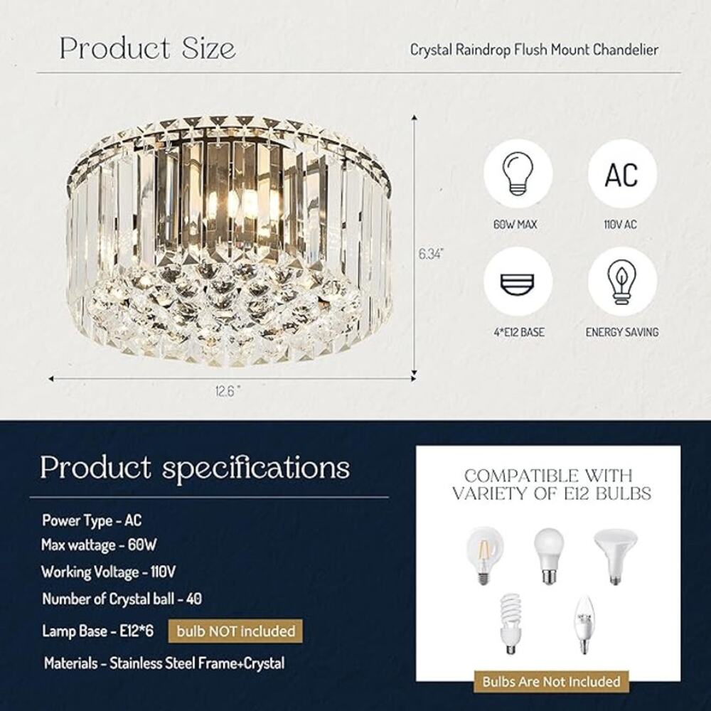 Gold Crystal Raindrop Flush Mount Ceiling Light / NIB / 12in - Picture 2 of 5